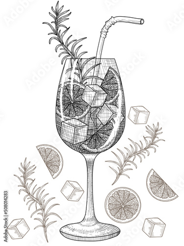 Vector illustration of aperol spritz cocktail in a glass goblet with orange, rosemary and ice cubes in engraving style