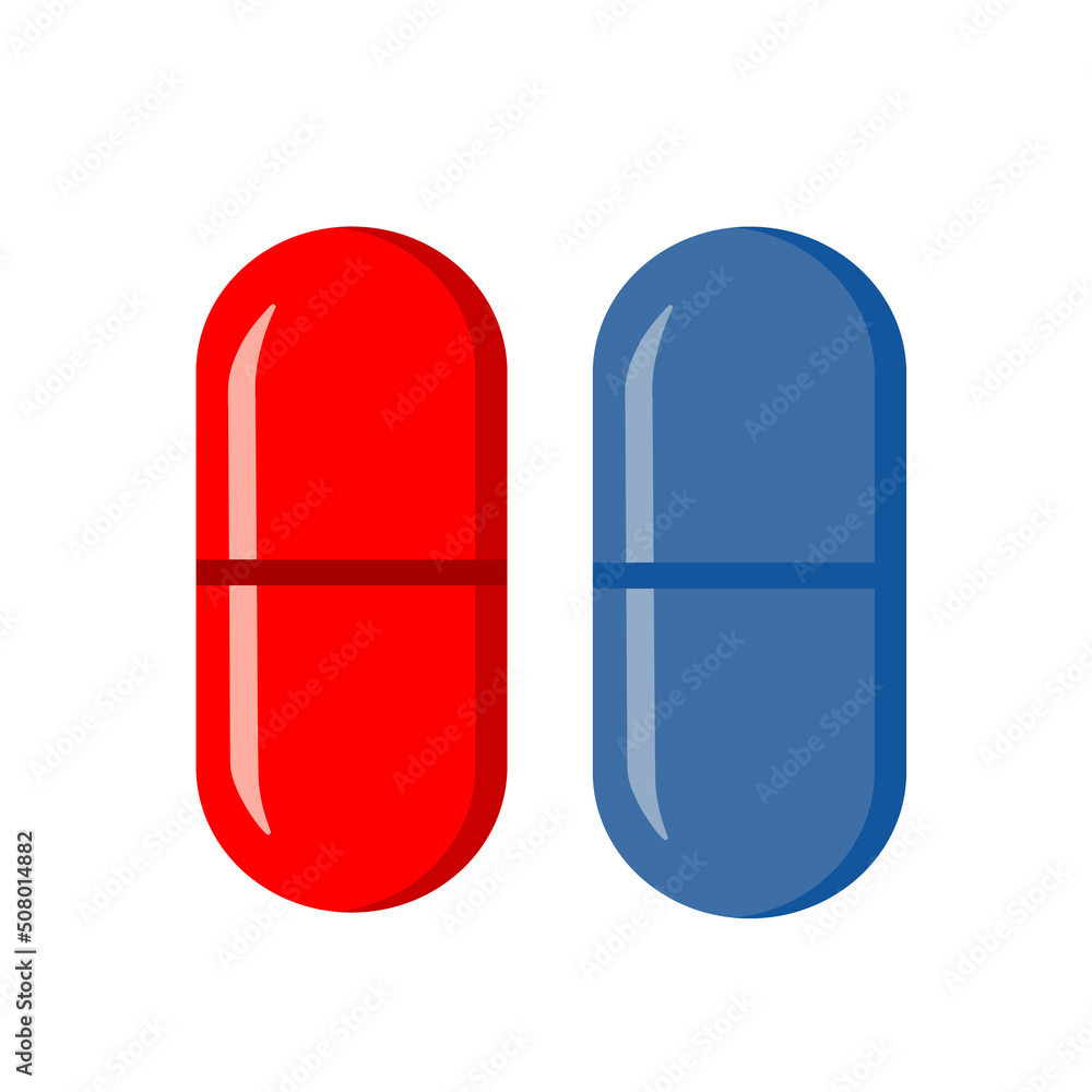 Red pill, blue medical capsule from the matrix isolated on white background. Choice, decision symbol concept. Vector illustration. Red pill, blue medical capsule from the matrix isolated on white background. Choice, decision symbol concept. Vector illustration.