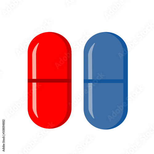 Red pill, blue medical capsule from the matrix isolated on white background. Choice, decision symbol concept. Vector illustration.