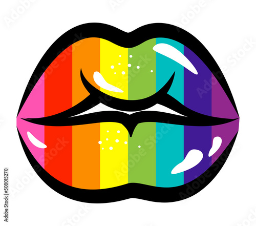 Love is love - LGBT pride slogan against homosexual discrimination quote. Pop art lips and tongue illustration in rainbow color. Good for posters, textiles, gifts, pride sets.