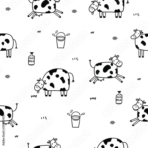 Doodle template with black outline cow pattern on white background for fabric design. Vector graphic illustration.