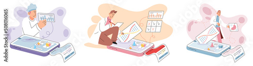 Online medical consultation and support metaphor. Online doctor. Healthcare services, Ask doctor. Tele medicine e-health service. Therapist videocalling phone screen. Diagnosis treatment of patients