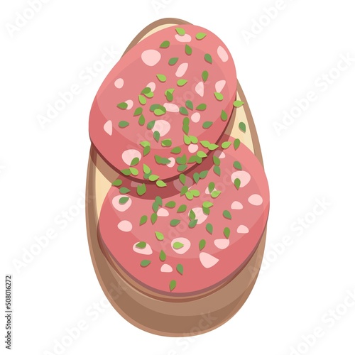 Sausage bruschetta icon cartoon vector. Italian bread. Lunch bacon