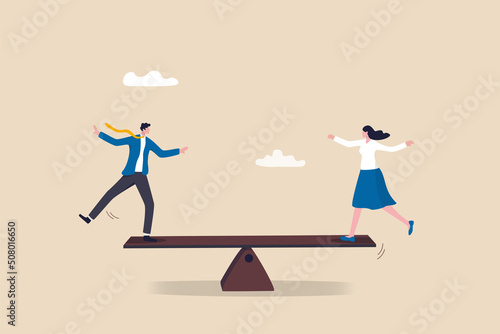 Gender equality, treat female and male equally, diversity or balance, fairness and justice concept, businessman and businesswoman balancing on equal seesaw.