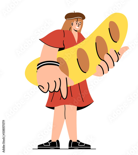 People with food. Girl holding long baguette, French cuisine and traditional food. Happy woman in beanie. Flour and wheat products, poster for bakery website. Cartoon flat vector illustration