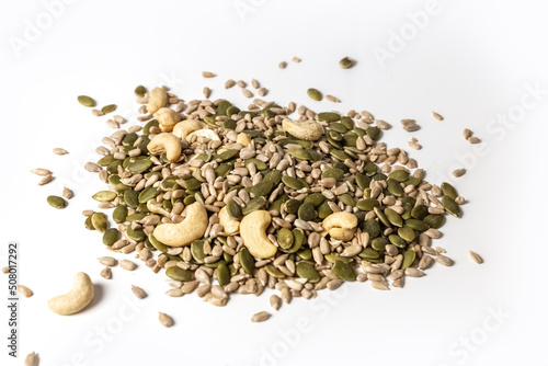 A mixture of seeds and nuts. Sunflower seeds, pumpkins and cashews. Photo