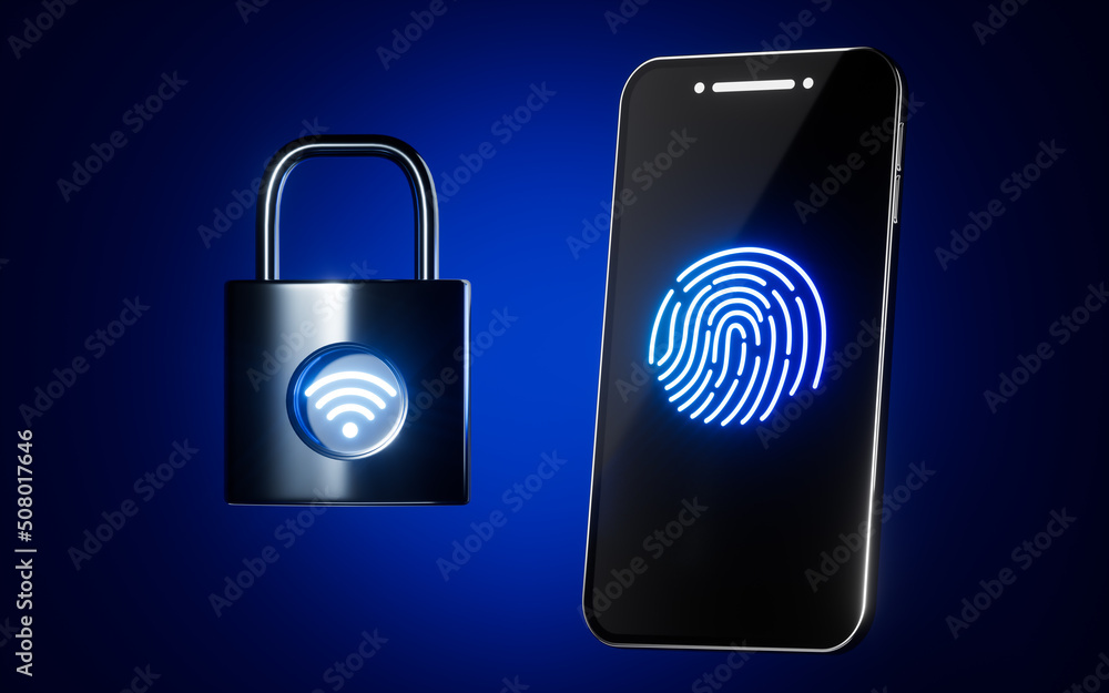 Mobile phone with fingerprint icon and padlock with wifi icon, 3d rendering. Mobile phone with fingerprint icon and padlock with wifi icon, 3d rendering.