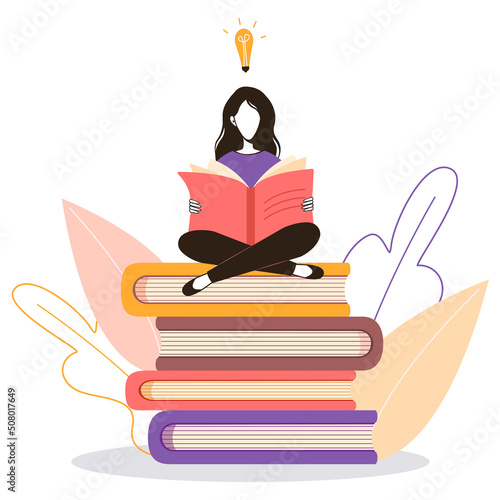 Woman reading while sitting on stack of big books. Students study in library, literary club or book festival concept. Concept of distance studying and self education.