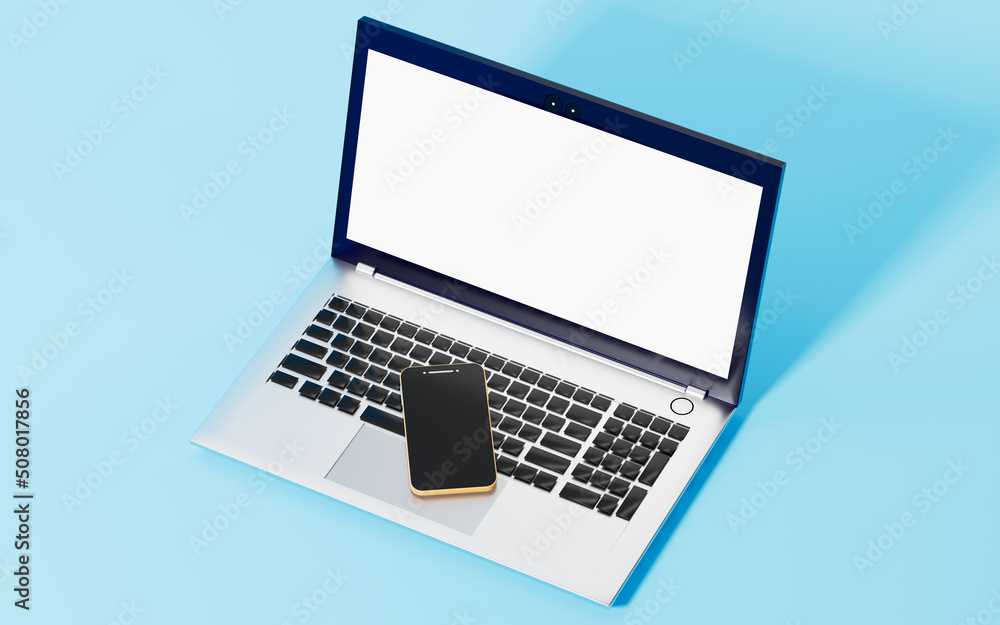 A laptop and a mobile phone with blue background, 3d rendering. A laptop and a mobile phone with blue background, 3d rendering.