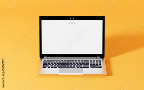 A laptop with yellow background, 3d rendering.