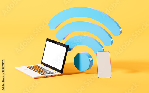 Laptop and mobile phone are in the yellow background with wifi icon, 3d rendering.