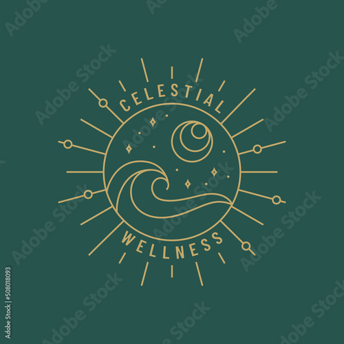 Boho logo. Vector isolated design with sun, moon, stars and ocean wave. Trendy line emblem for boho hotel, meditation studio, alternative healing practices, spiritual, celestial, or others themes.