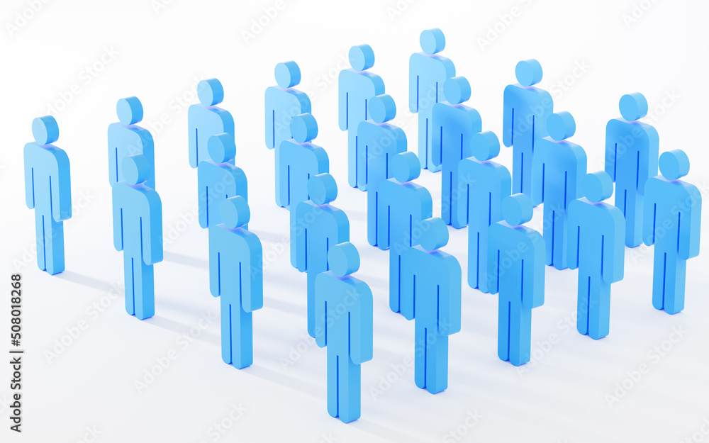 Blue figurines lined up against a white background, 3d rendering. Blue figurines lined up against a white background, 3d rendering.