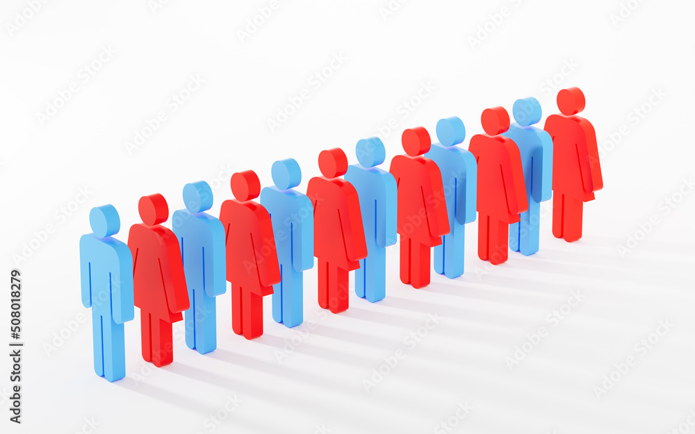 Male and female figurines arranged in neat rows, 3d rendering. Male and female figurines arranged in neat rows, 3d rendering.