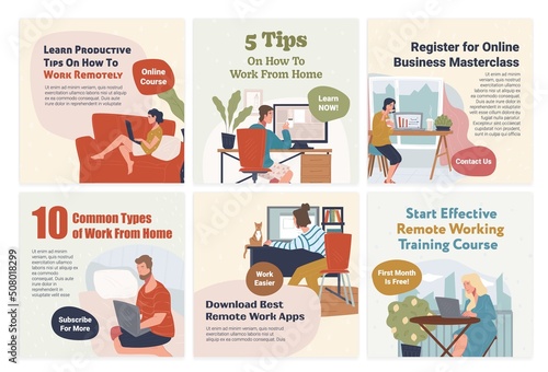 Remote work tips, course at social media post set