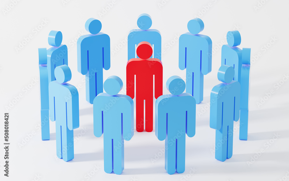 Red human figurines lead and connect employees, leader and employees, human resources and management concept, 3d rendering. Red human figurines lead and connect employees, leader and employees, human resources and management concept, 3d rendering.