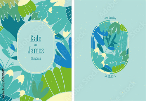 Wedding invitation with cute flowers in blue and green tones. Floral decor for wedding invitations. Summer holiday decoration. Vector illustration elements.