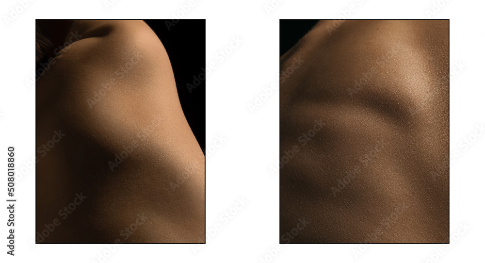 Preset with closeup images of part of female body. Detailed texture of ...