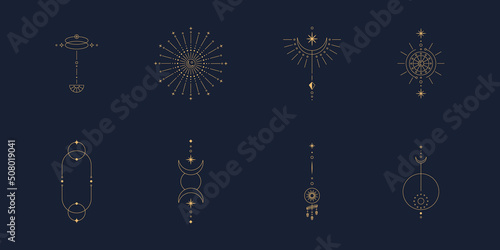 Minimal boho linear symbols. Set of celestial mystic element. Vector line art illustration.
 photo
