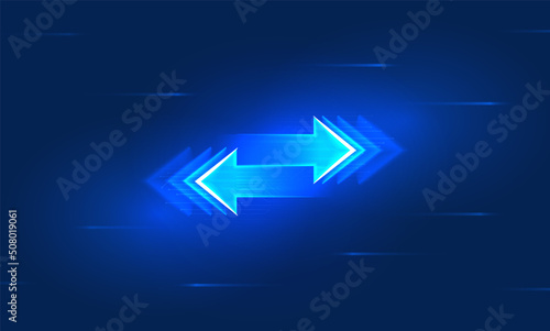 Transfer in digital futuristic style. Two multidirectional arrows, exchange concept. Vector illustration with light effect and neon.