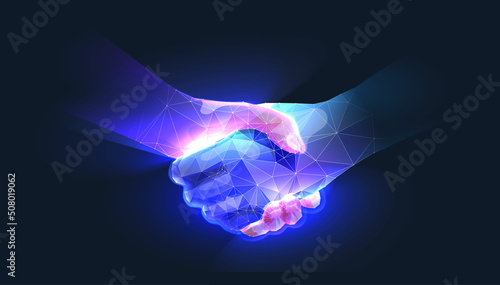 Handshake in digital futuristic style. The concept of partnership, collaboration or teamwork. Vector illustration with light effect and neon photo
