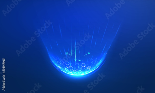 Force shield from air flow, light effect on a dark background. The dome barrier protects against emission or dust, the concept for a filter or protective screen. Vetor illustration.
