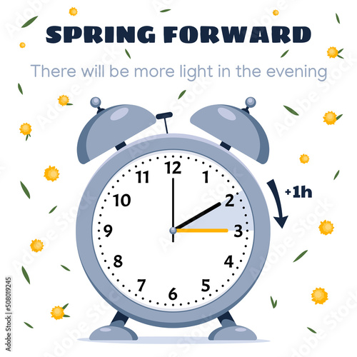 Daylight saving time. Clock set to an hour ahead March 12, 2023. Concept of Spring Forward, Summer Time. Vector illustration with mimosas with call to switch to dst.