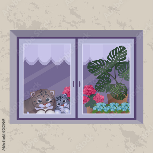 Wall facades with house windows, flowers, cartoon cats on windowsill inside.   Vector illustration