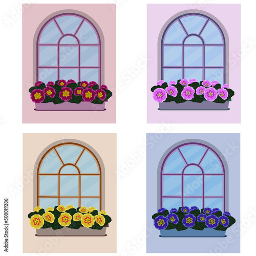 Tableau sur toile Wall windows set with primrose flower boxes. Vector illustration.