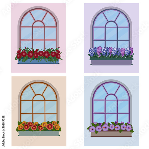 Wall windows set with flower boxes. Vector illustration. photo