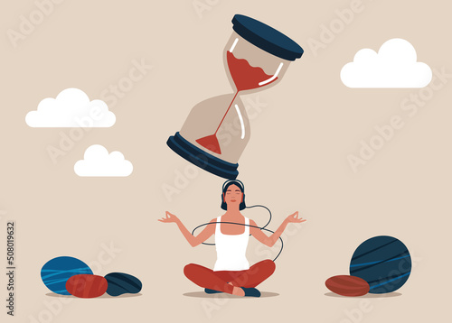 Endurance concept, relax woman sitting with sandglass on her head practicing patience. Patience time, practice to concentrate and wait for success, being professional calm and mindfulness thinking.