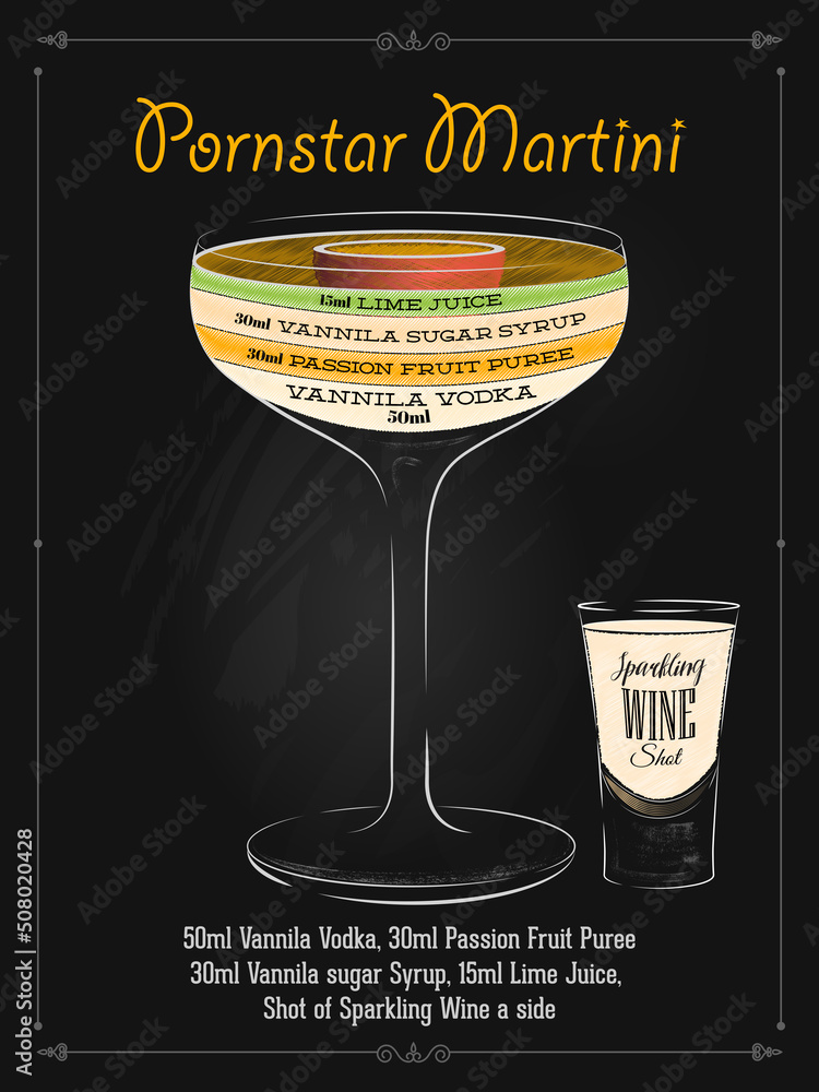 Pornstar Martini cocktail recipe with infographic vintage style in