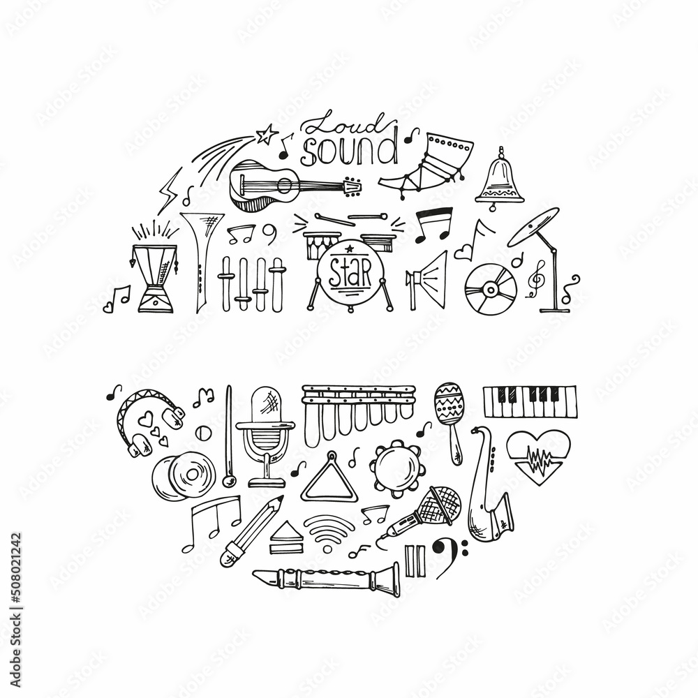 Abstract background music, with tape recorder, silhouette in circle shape. Vector doodle set musical instruments. hand drawn illustration Abstract background music, with tape recorder, silhouette in circle shape. Vector doodle set musical instruments. hand drawn illustration