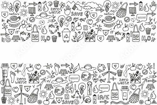 Zero waste lifestyle hand drawn set. vector doodle illustration. ecology and natural background.