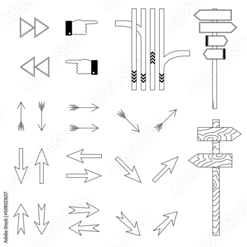 Hand drawn set of pointers to help find the way. Arrows indicating the direction. Doodle style. Vector