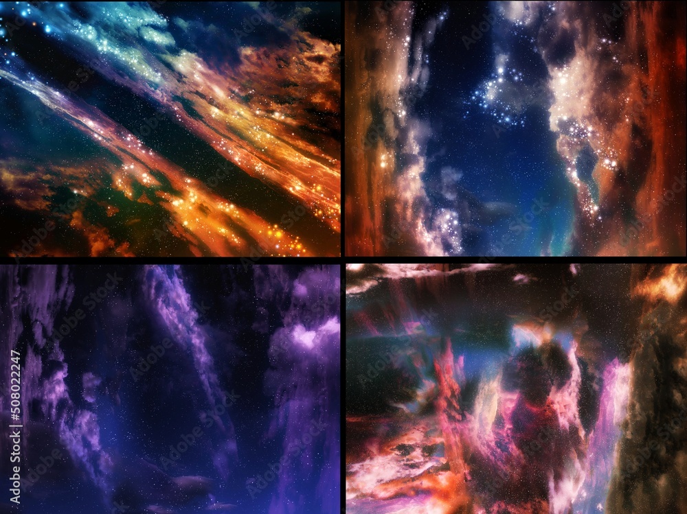 Collage of four space nebulae with stars. Interstellar nebulae of the Milky Way. Comparison of different clusters of stars and gas in the universe.
