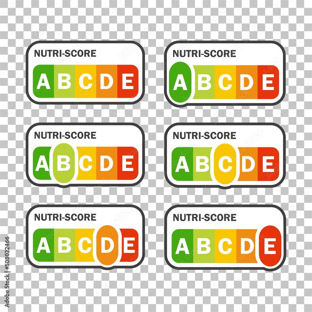 Nutri-score icons set. Isolatad Nutriscore stickers for packaging on white background. Food rating system signs : A, B, C, D, E. Vector illustration. Nutri-score icons set. Isolatad Nutriscore stickers for packaging on white background. Food rating system signs : A, B, C, D, E. Vector illustration.