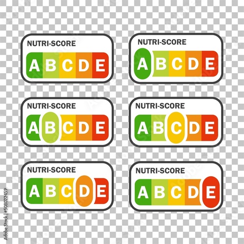 Nutri-score icons set. Isolatad Nutriscore stickers for packaging on white background. Food rating system signs : A, B, C, D, E. Vector illustration.