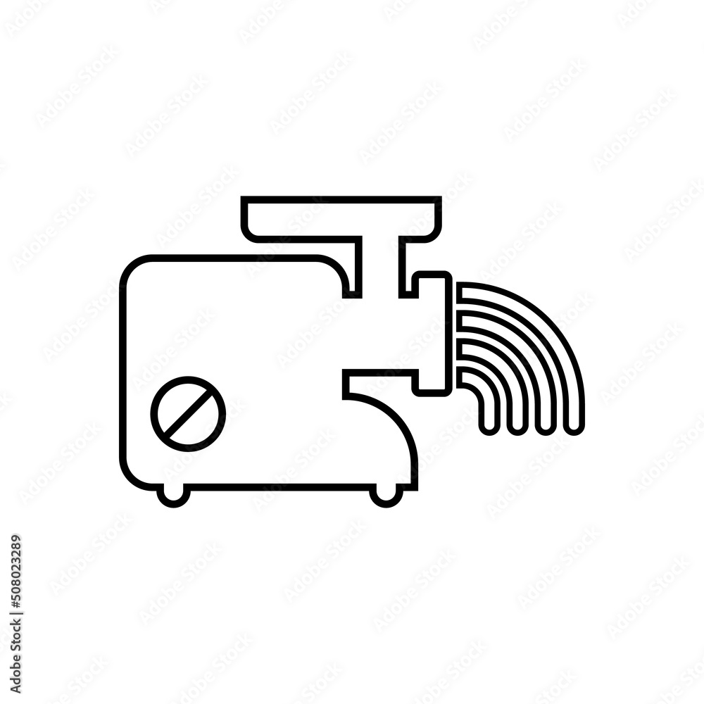 Electric meat grinder icon with mince. Line style. Isolated vector outline illustration on white background. Electric meat grinder icon with mince. Line style. Isolated vector outline illustration on white background.