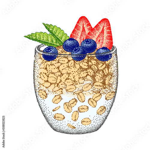 Granola yogurt in glass with strawberries, blueberries, mint. Oatmeal healthy breakfast, oat grain porridge. Cereal food, muesli flakes. Vector sketch