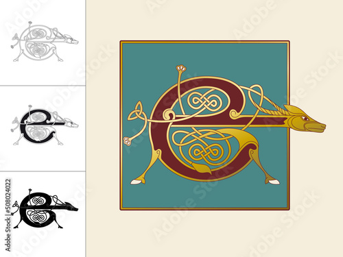 Medieval, Celtic Initial Letter E combining animal body parts from a Donkey and endless knot ornaments in four different versions