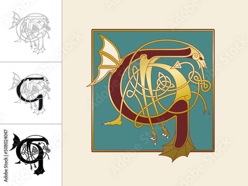 Medieval, Celtic Initial Letter G combining animal body parts from a Dog and a dragon with endless knot ornaments in four different versions