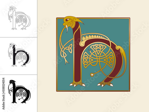 Medieval, Celtic Initial Letter H combining animal body parts from a Dog and a dragon with endless knot ornaments in four different versions