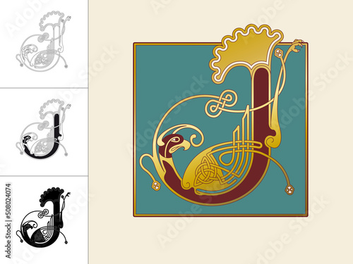 Medieval, Celtic Initial Letter J combining animal body parts from a Parrot and endless knot ornaments in four different versions