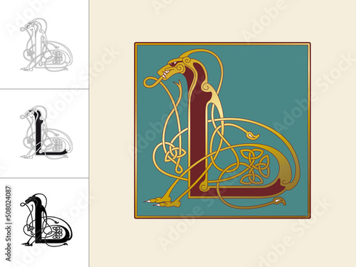 Medieval, Celtic Initial Letter L combining animal body parts from a lion and endless knot ornaments in four different versions