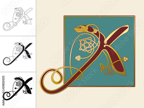 Medieval, Celtic Initial Letter X combining animal body parts from a Dog and endless knot ornaments in four different versions