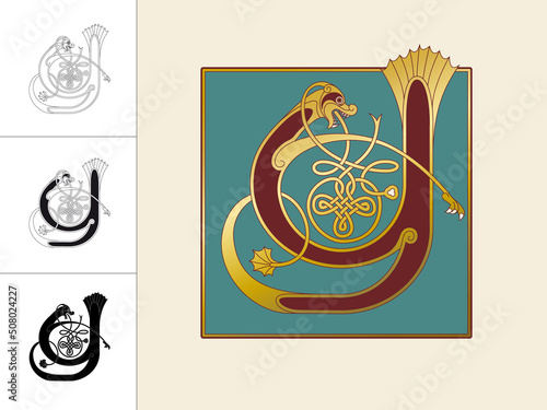 Medieval, Celtic Initial Letter Y combining animal body parts from a Dog And a Dragon with endless knot ornaments in four different versions
