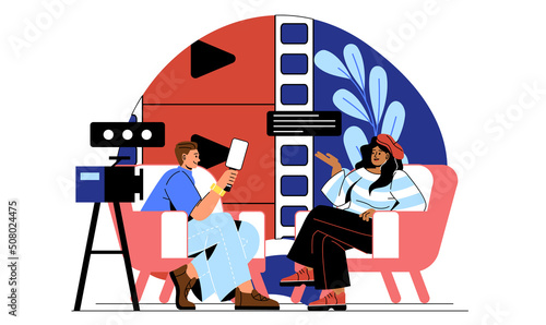 Professional journalist interviewing. Man with microphone asks questions to young girl in studio. Media and TV shows with news. Famous person shares her opinion. Cartoon flat vector illustration
