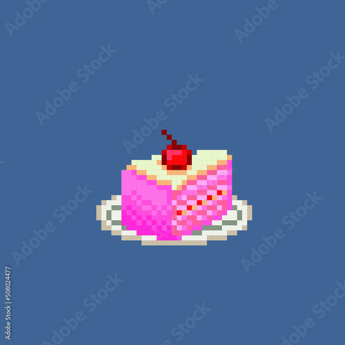 piece of strawberry cake in pixel art style © Pixeleart