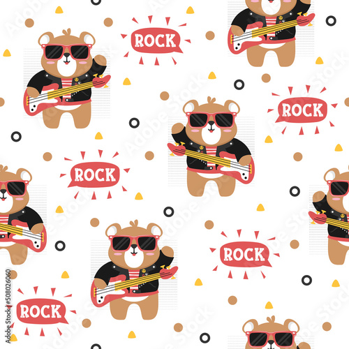 Cool rocker bear cartoon trendy pattern design concepts